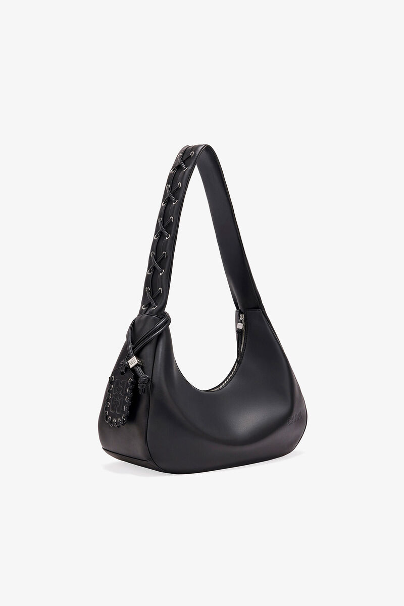 Black Medium Laces Hobo Bag, Recycled Leather, in colour Black - 2 - GANNI