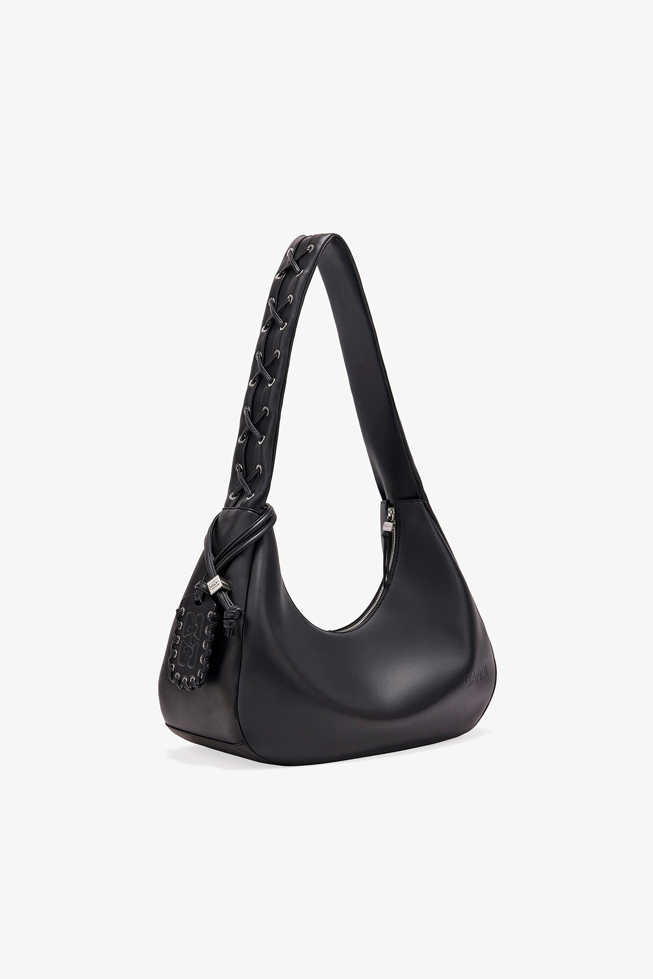 Black Medium Laces Hobo Bag, Recycled Leather, in colour Black - 2 - GANNI