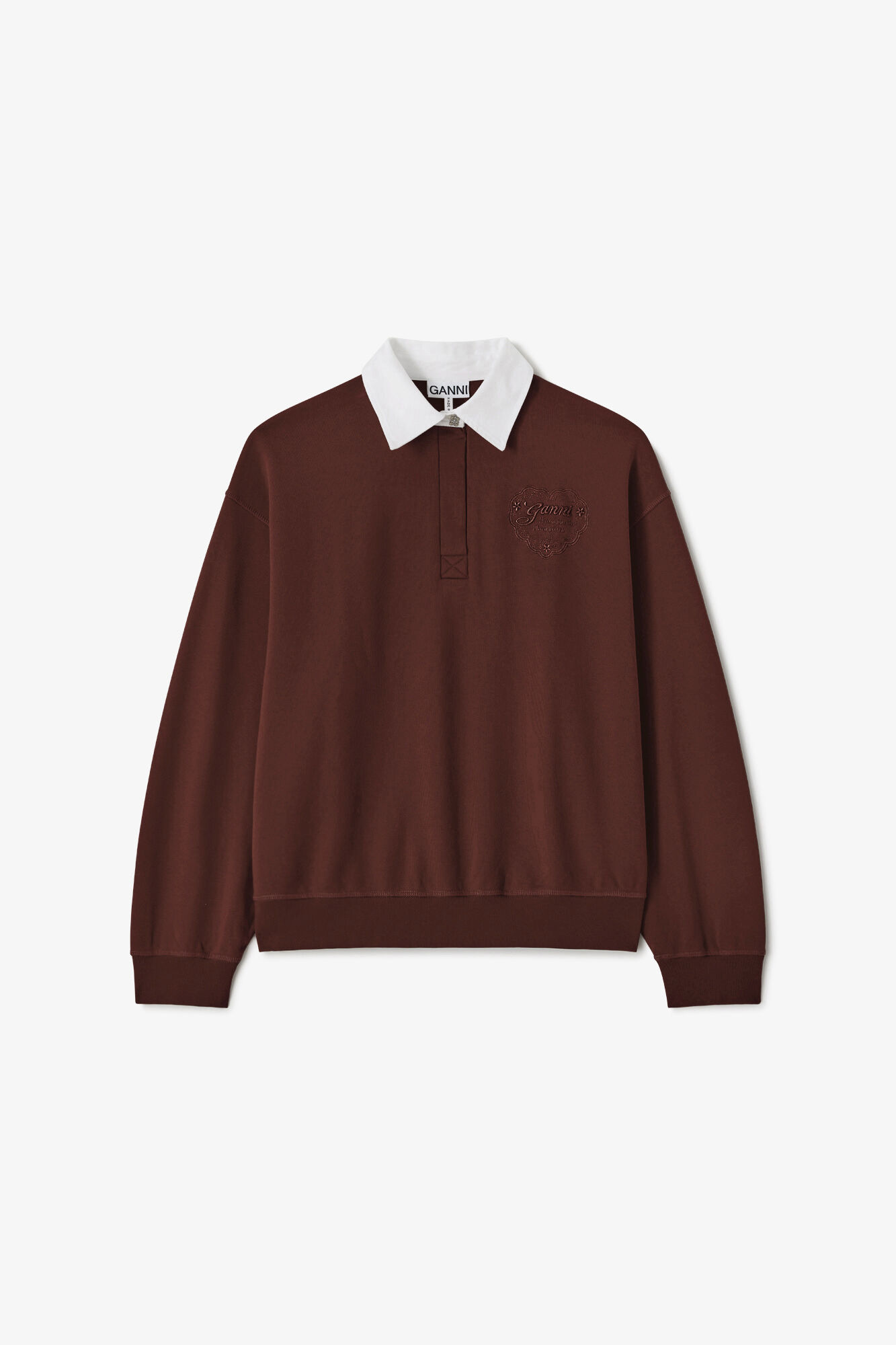 Polotrøje med hjertebroderi, Organic Cotton, in colour Chicory Coffee - 1 - GANNI
