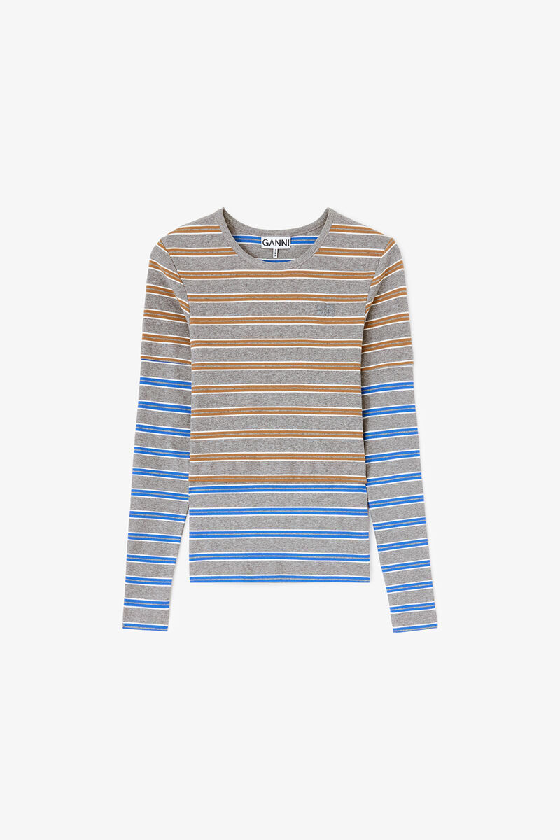 Long-sleeve Top in Double Stripe, Organic Cotton, in colour Strong Blue - 1 - GANNI