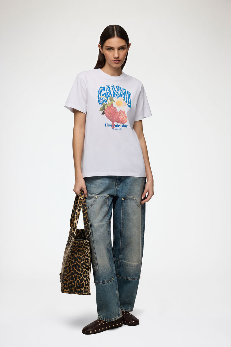 T-shirt with Strawberry, Organic Cotton, in colour Bright White - 2 - GANNI