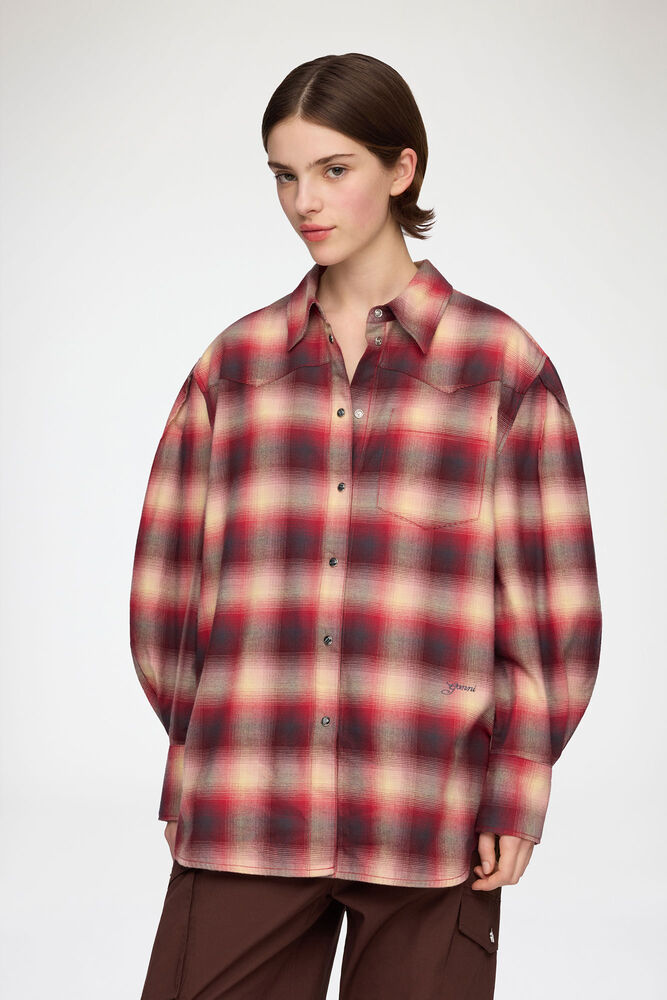 Shirt in Red Check Flannel, Raspberry Wine