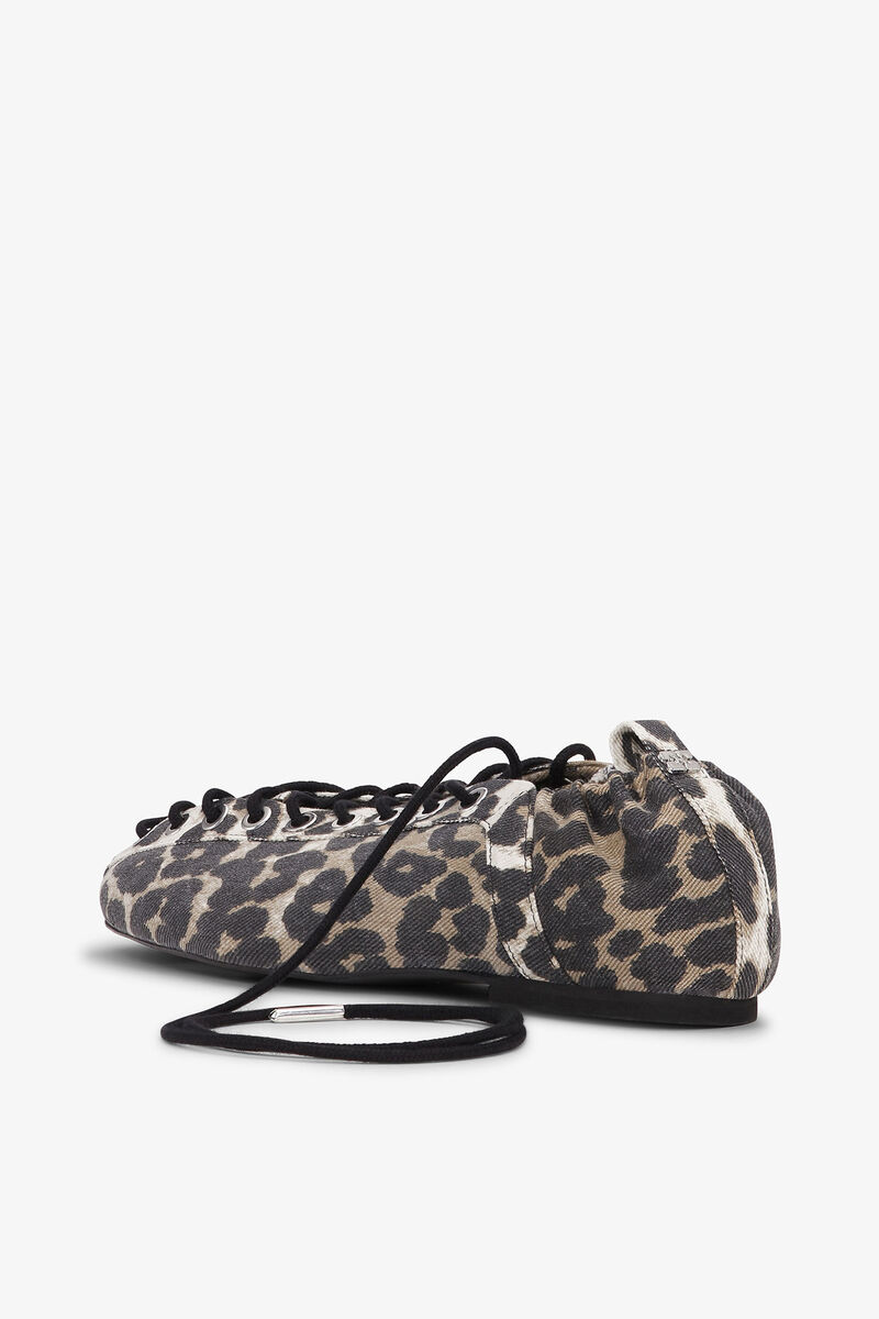 Lace-Up Ballerinas in Leopard Denim, Organic Cotton, in colour Leopard - 3 - GANNI