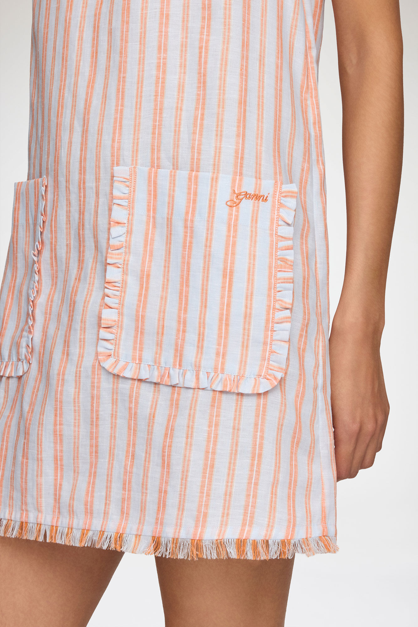 Mini Dress in Striped Linen, Linen, in colour Cantaloupe - 3 - GANNI