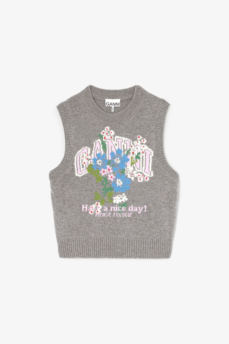 Strikvest med blomster, Wool, in colour Paloma - 1 - GANNI