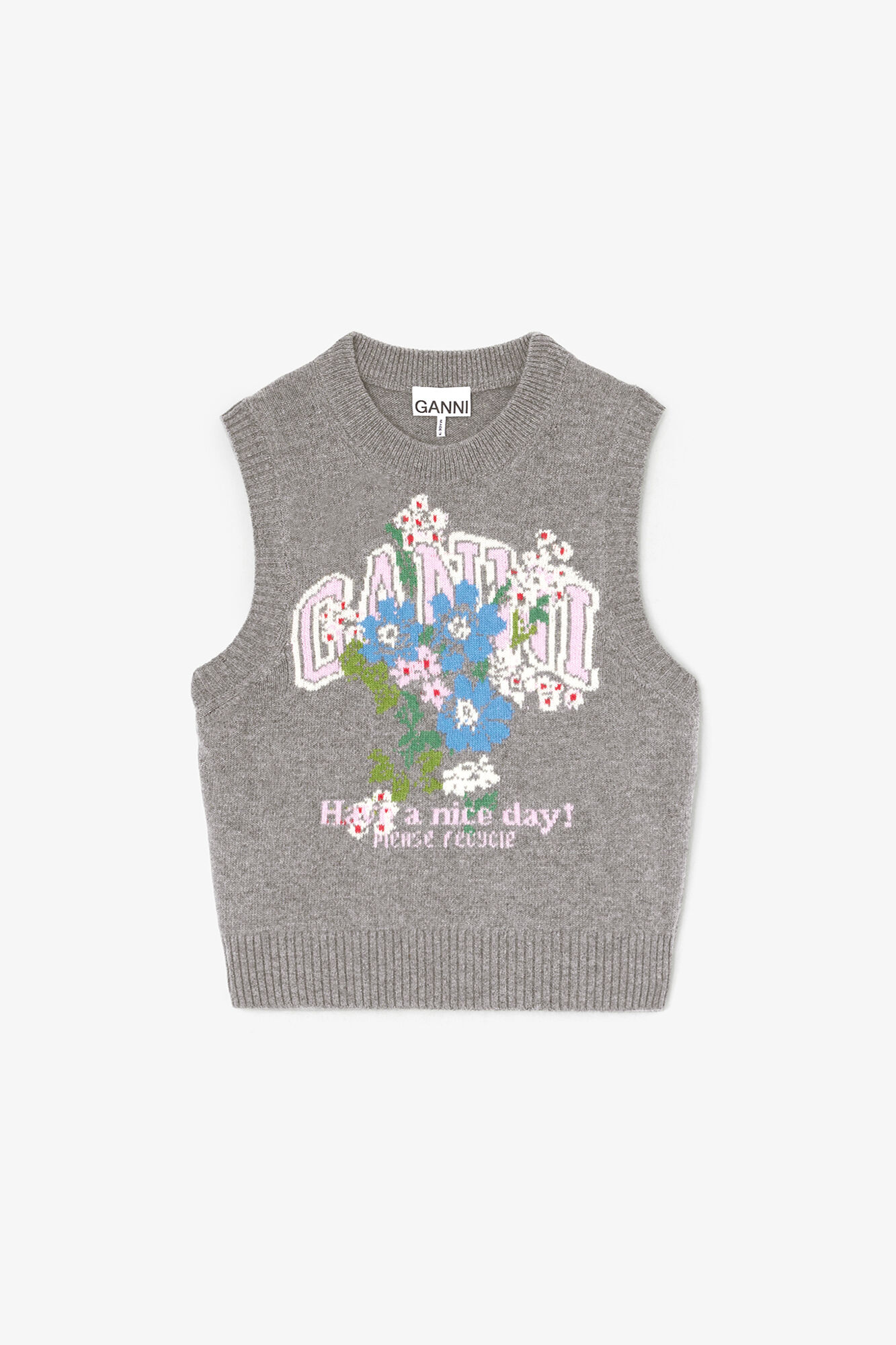 Strikvest med blomster, Wool, in colour Paloma - 1 - GANNI