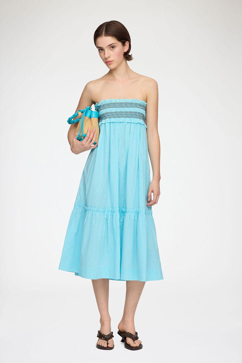 Convertible Skirt in Blue Check, Organic Cotton, in colour Blue Curacao - 4 - GANNI