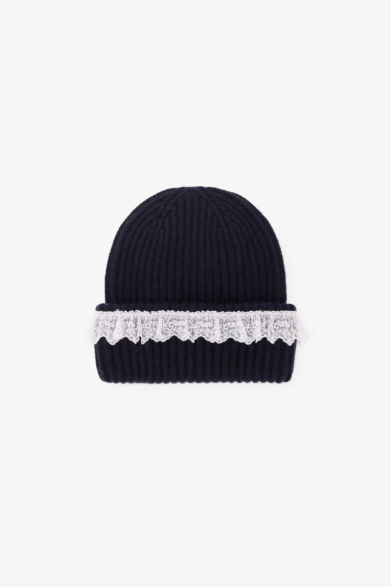 Beanie in Lace Wool, Wool, in colour Sky Captain - 1 - GANNI