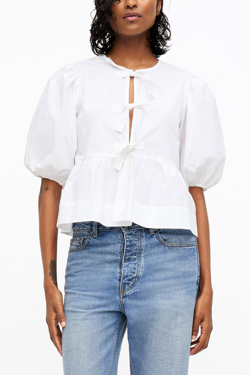 Cotton Poplin Peplum Tie Blouse, Organic Cotton, in colour Bright White - 1 - GANNI