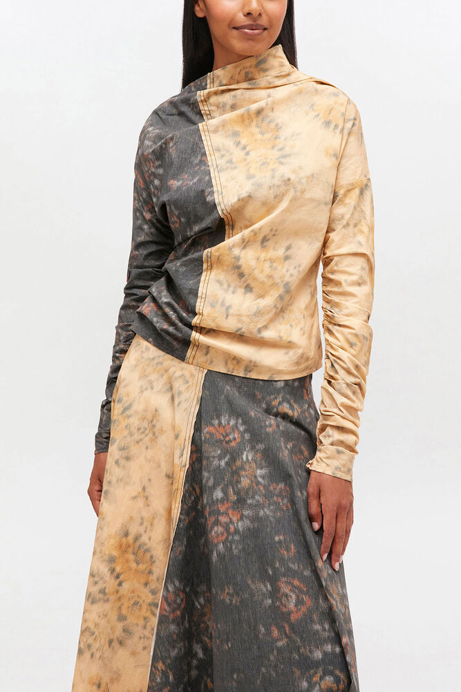 Black and Beige Ruched Top, Multicolour