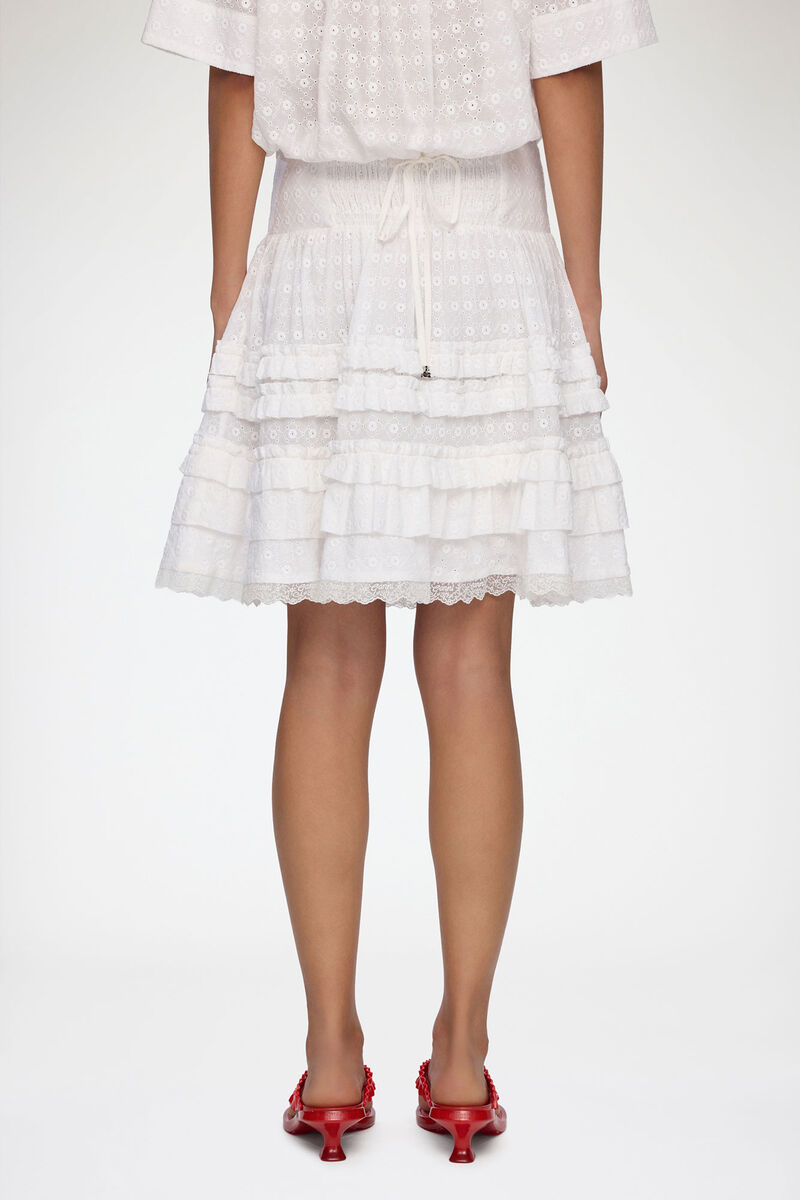 Skirt in White Broderie Anglaise, Organic Cotton, in colour Bright White - 3 - GANNI