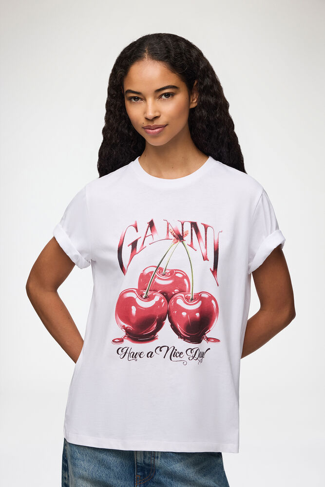 White Basic Jersey Cherry Relaxed T-shirt, Bright White