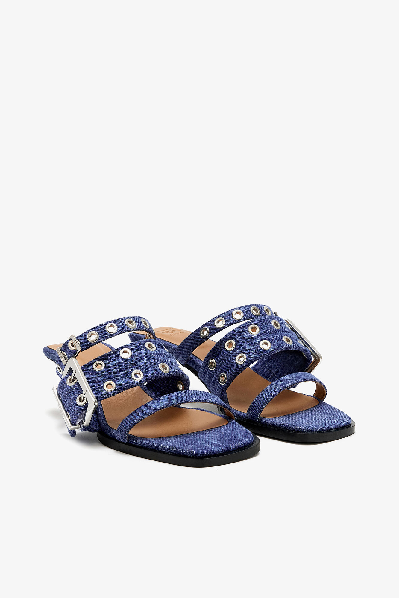 Buckle Strap Mule in Denim, Organic Cotton, in colour Mid Blue Vintage - 2 - GANNI