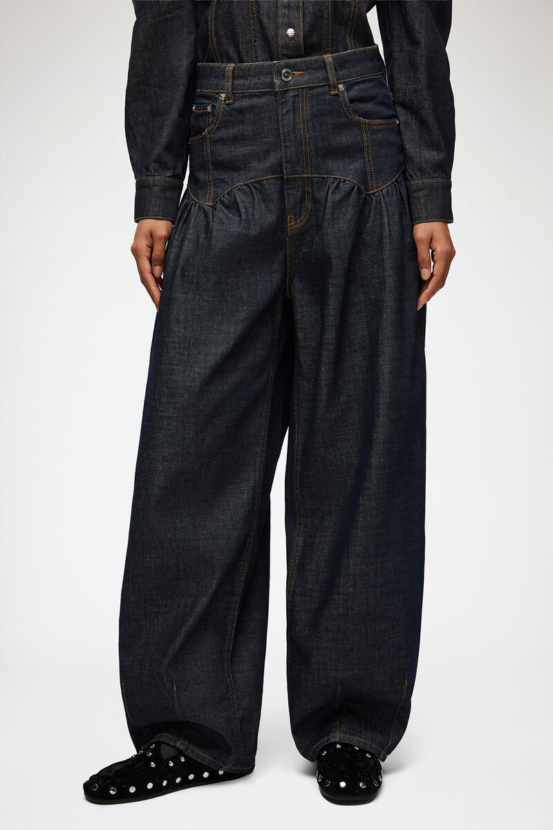 Corset Jeans in Textured Slub Denim, Recycled Cotton, in colour Rinse - 2 - GANNI