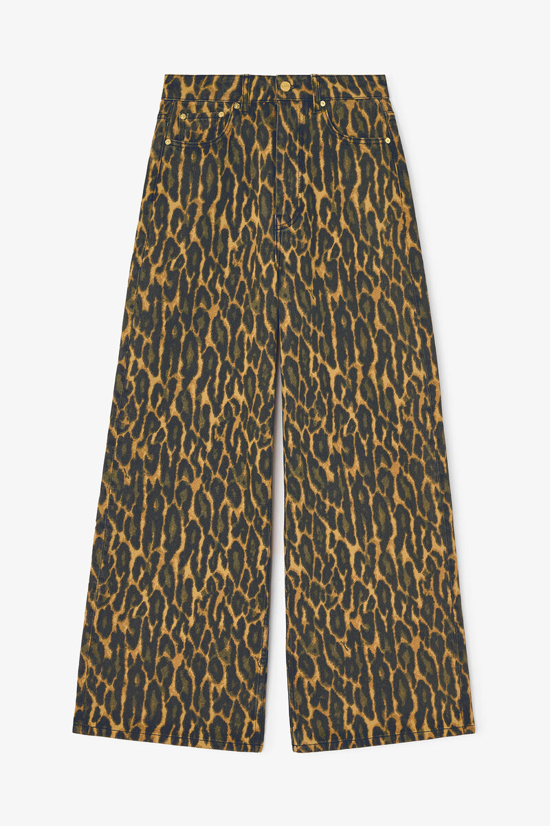 Baggy Jeans in Leopard Print Denim, Organic Cotton, in colour Khaki - 1 - GANNI