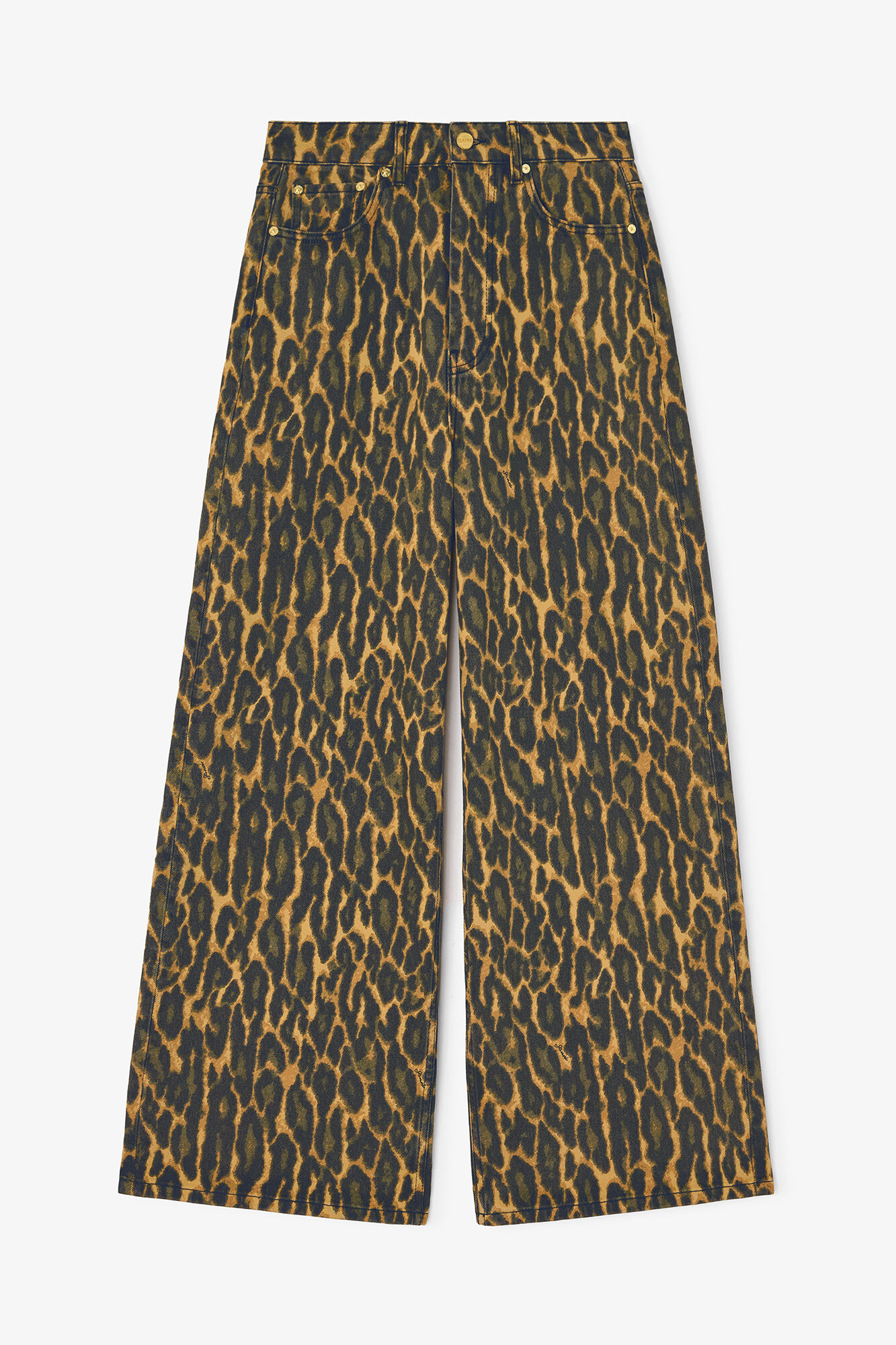 Baggy Jeans in Leopard Print Denim, Organic Cotton, in colour Khaki - 1 - GANNI