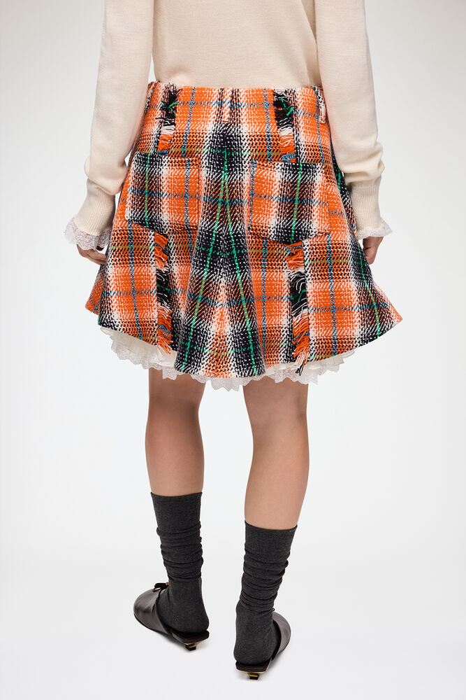 Skirt in Check Wool, Mandarin Orange