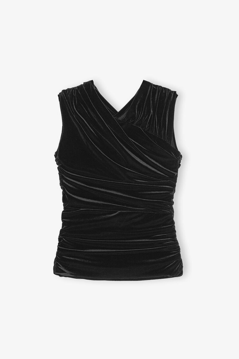 Black Velvet Ruched Top, Recycled Polyester, in colour Black - 1 - GANNI