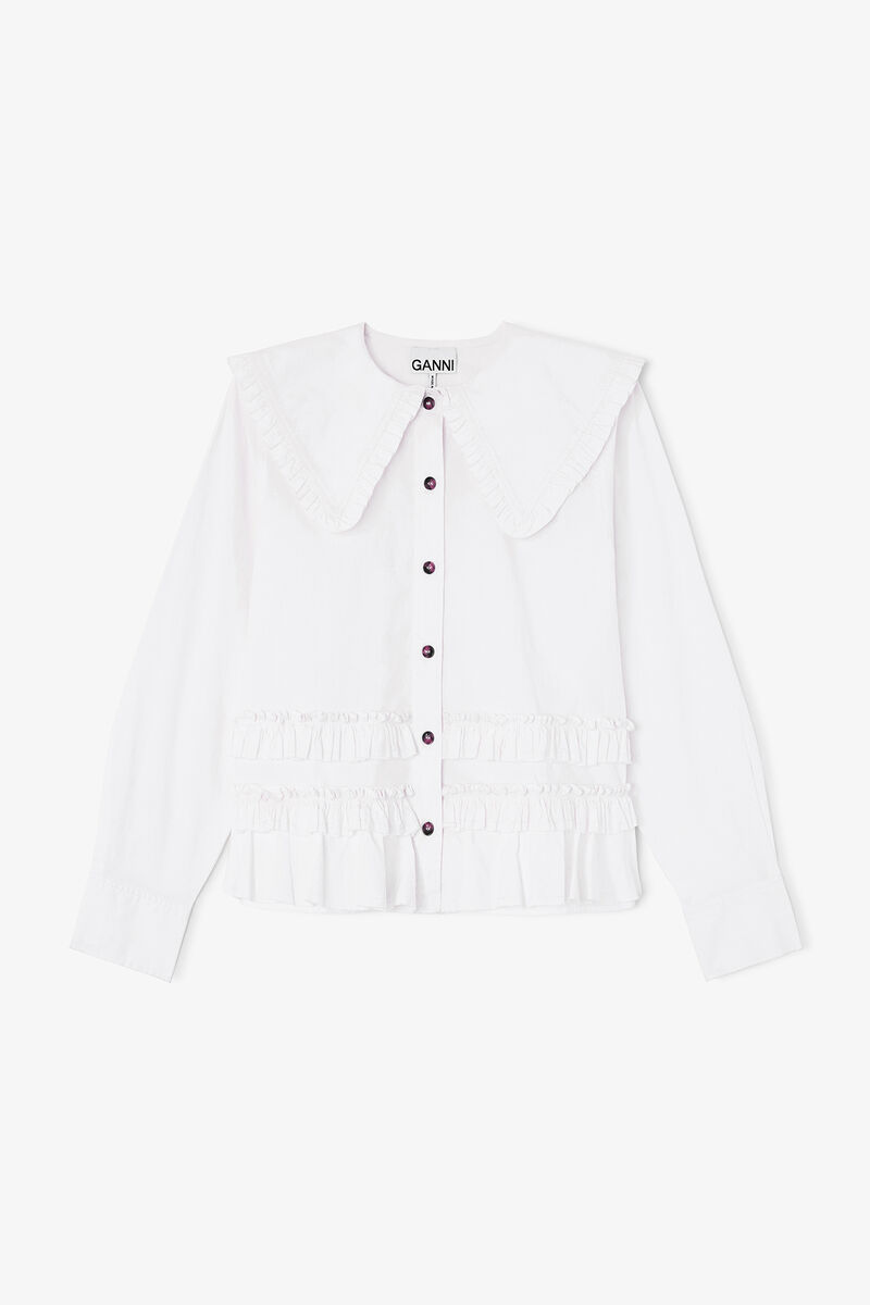 Stretch Cotton Ruffle Shirt, Organic Cotton, in colour Snow White - 1 - GANNI