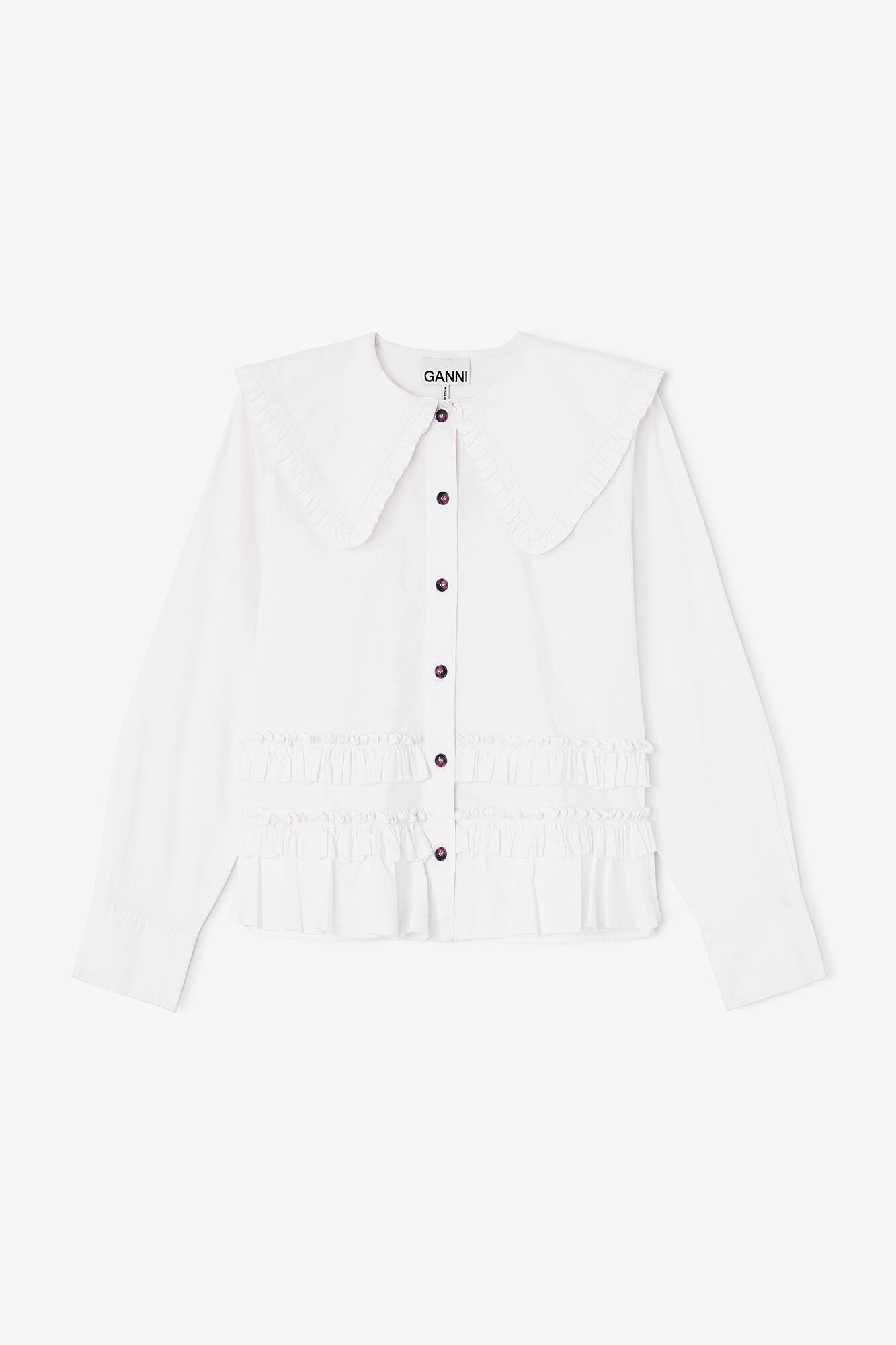 Stretch Cotton Ruffle Shirt, Organic Cotton, in colour Snow White - 1 - GANNI