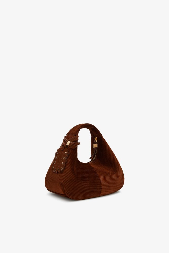 Mini Hobo Bag in Brown Corduroy, Tortoise Shell