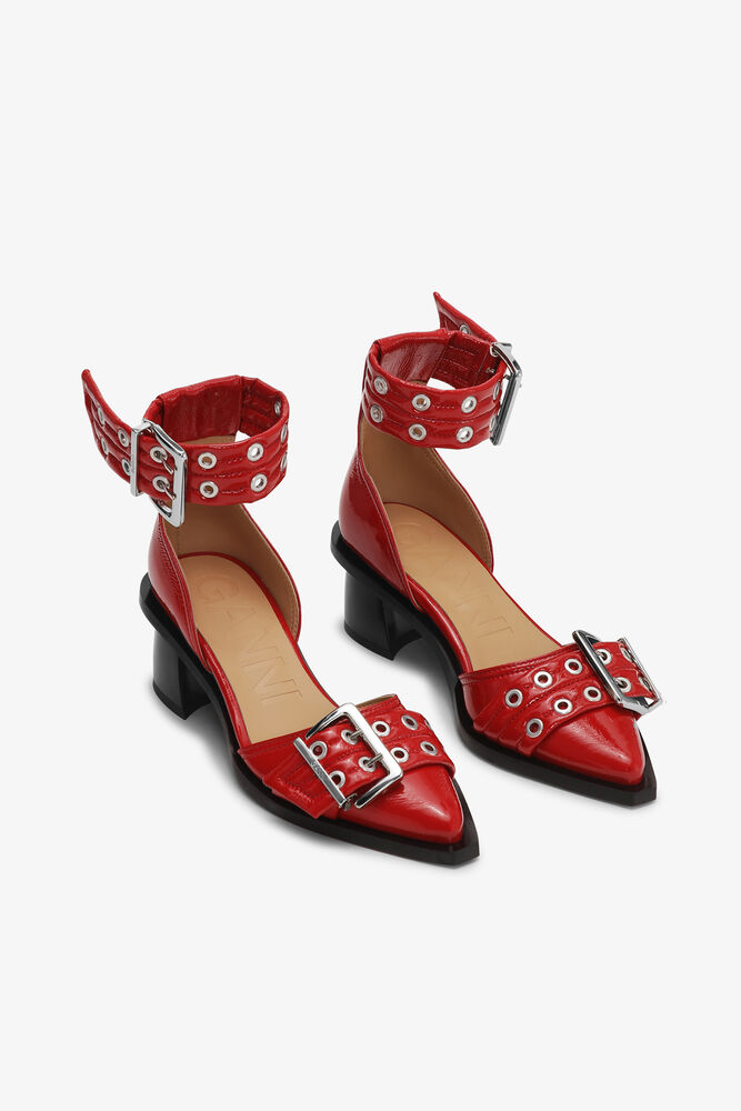 Red Feminine Buckle Open Cut Pumps, Racing Red