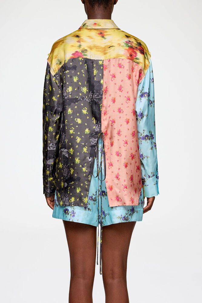 Shirt in Multi Printed Silk, Iced Aqua