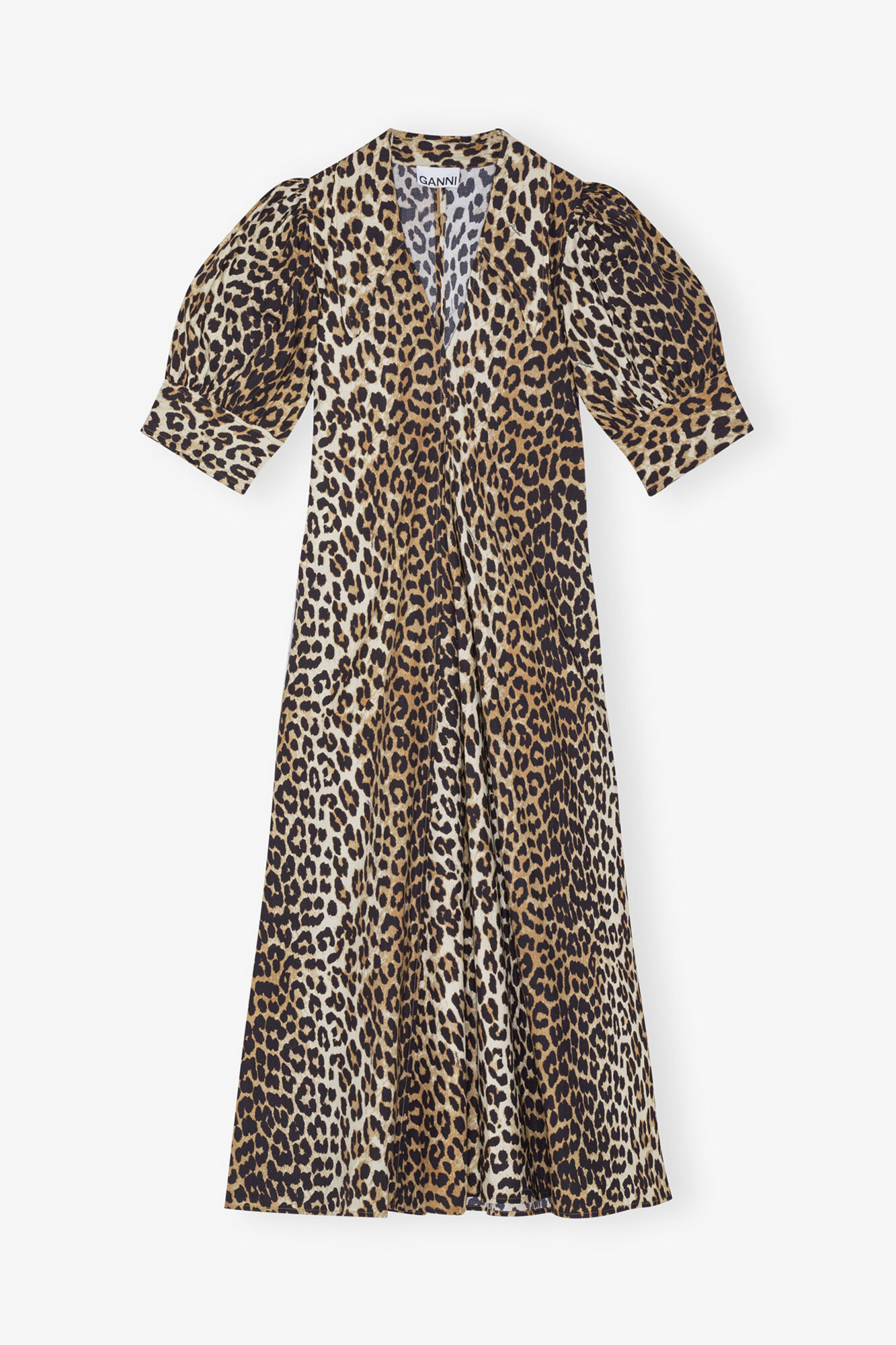 Leopard Cotton Poplin V-neck Maxi Dress, Organic Cotton, in colour Leopard - 1 - GANNI