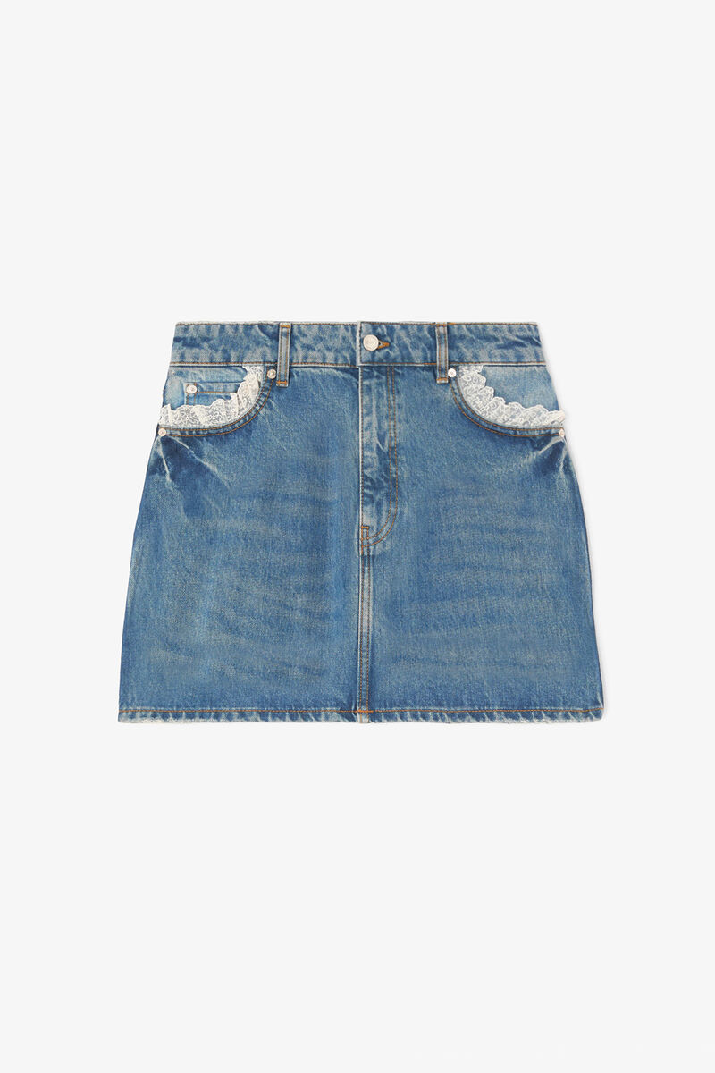Skirt in Rigid Denim, Organic Cotton, in colour Dark Blue Vintage - 1 - GANNI