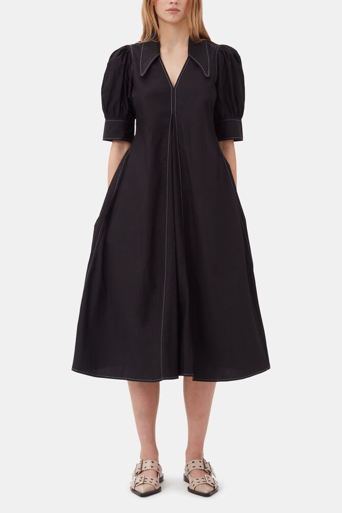 Cotton Poplin V-Neck Midi Dress, Black