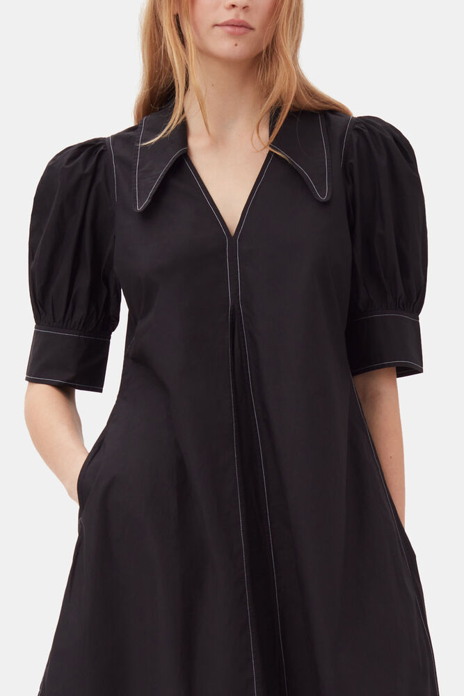 Cotton Poplin V-Neck Midi Dress, Black
