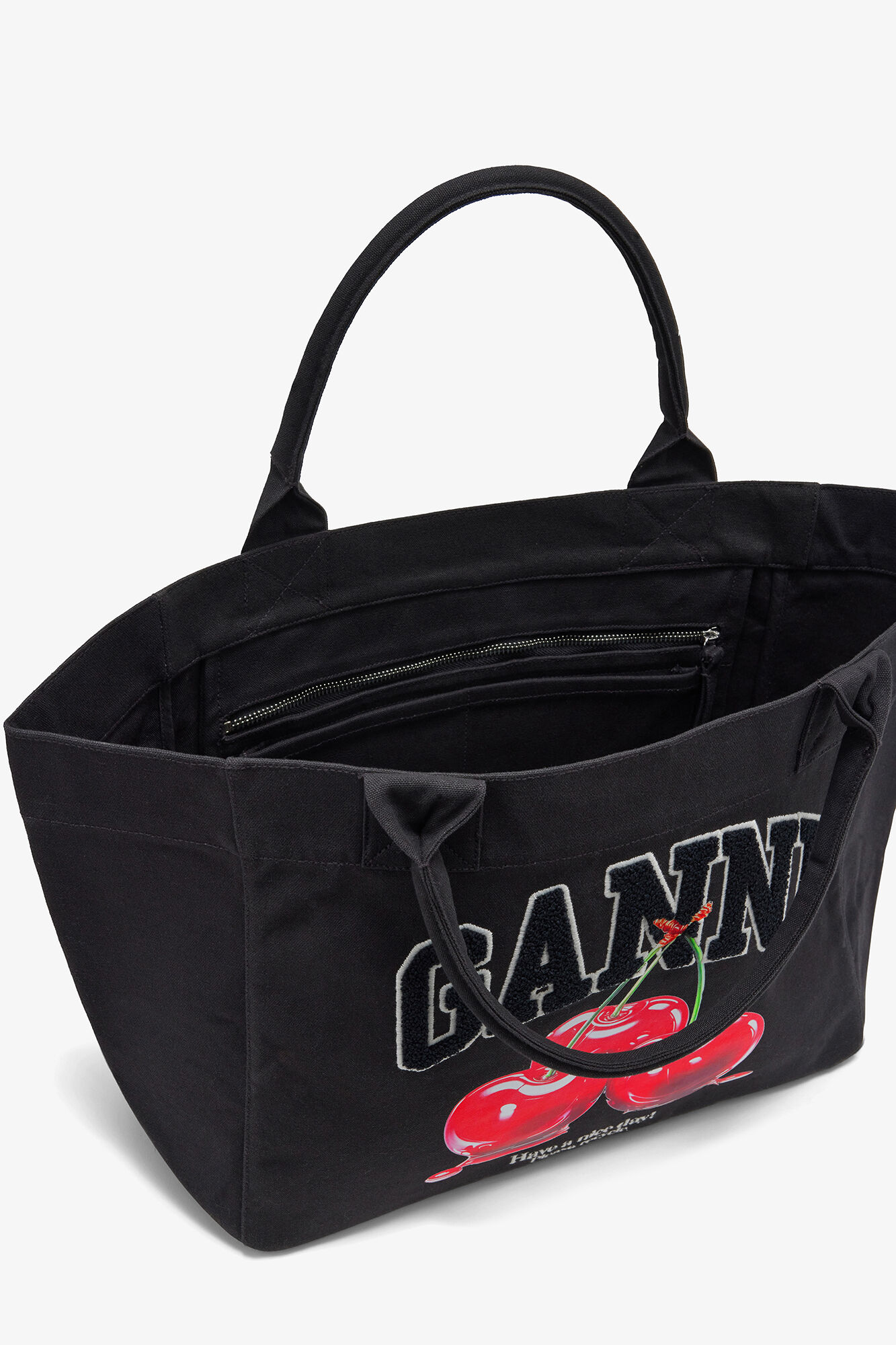 Tote Medium with Cherry, Recycled Cotton, in colour Phantom - 3 - GANNI