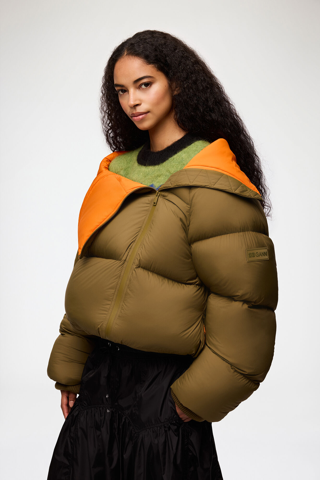 Puffer in Green Future Nylon, Recycled Polyamide, in colour Military Olive - 1 - GANNI