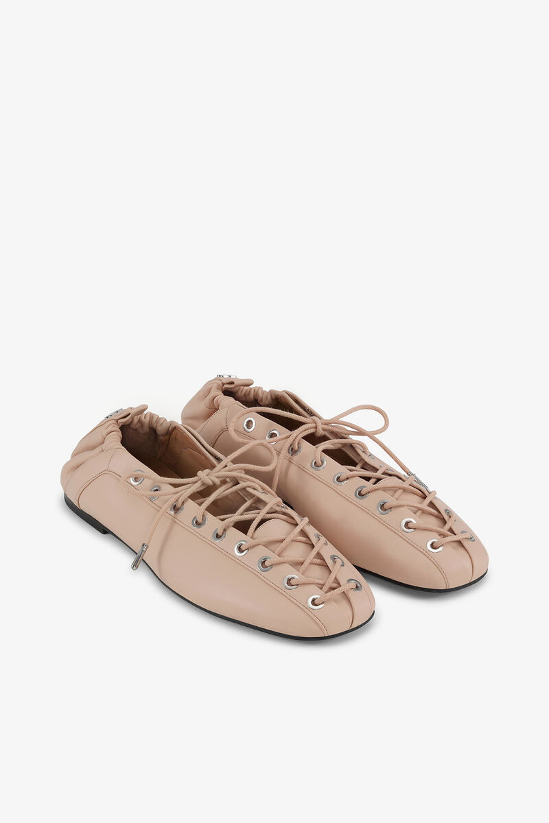 Lace-Up Ballerinas in Beige, Recycled Leather, in colour Frappe - 2 - GANNI