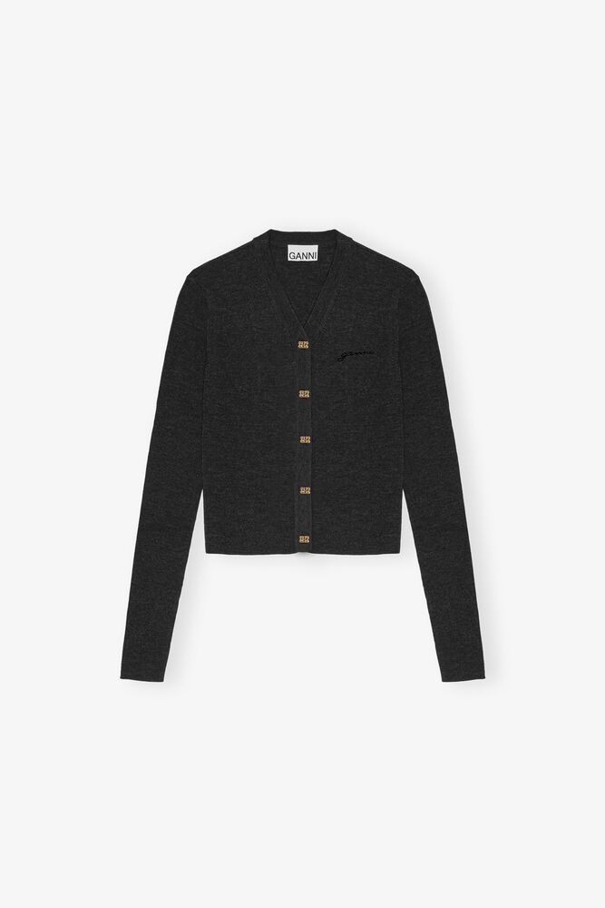 Black Mini Ribbed Merino Cardigan, Phantom