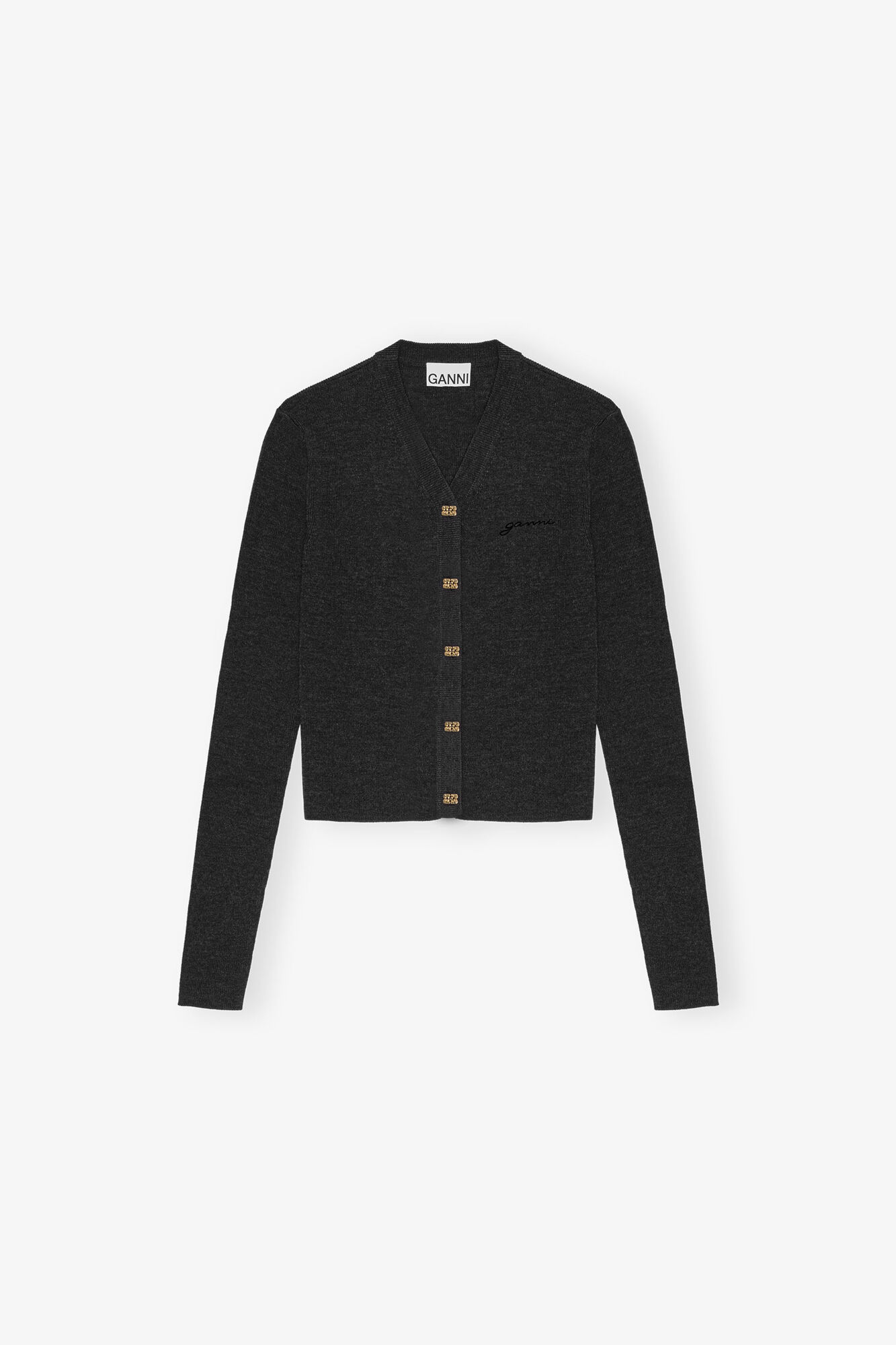 Black Mini Ribbed Merino Cardigan, Merino Wool, in colour Phantom - 1 - GANNI