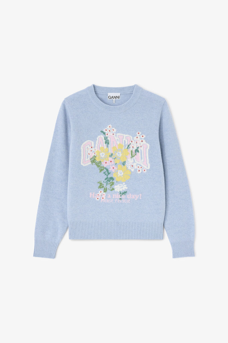 Tröja med blommor, Wool, in colour Blue Bonnet - 1 - GANNI