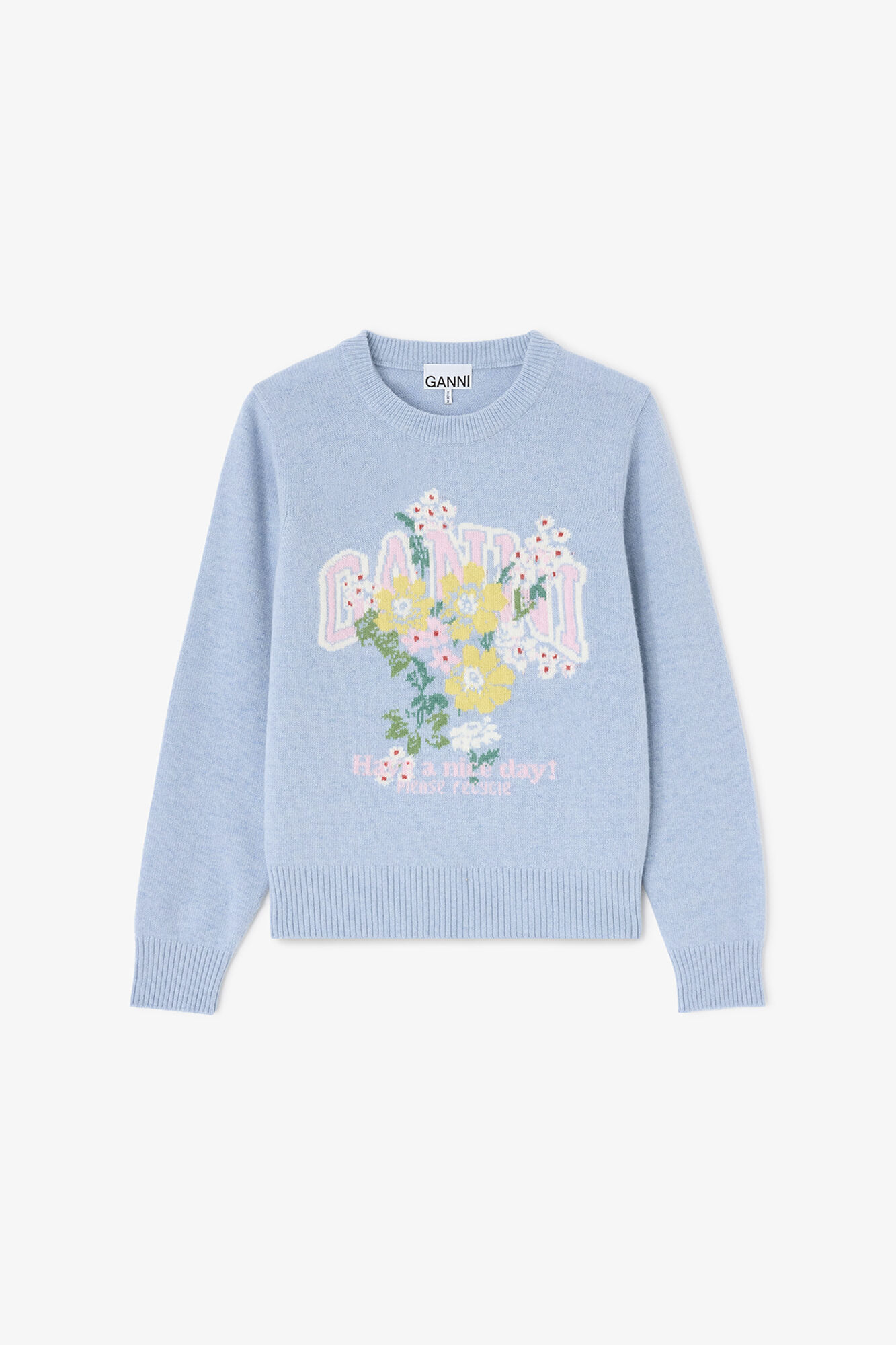 Tröja med blommor, Wool, in colour Blue Bonnet - 1 - GANNI