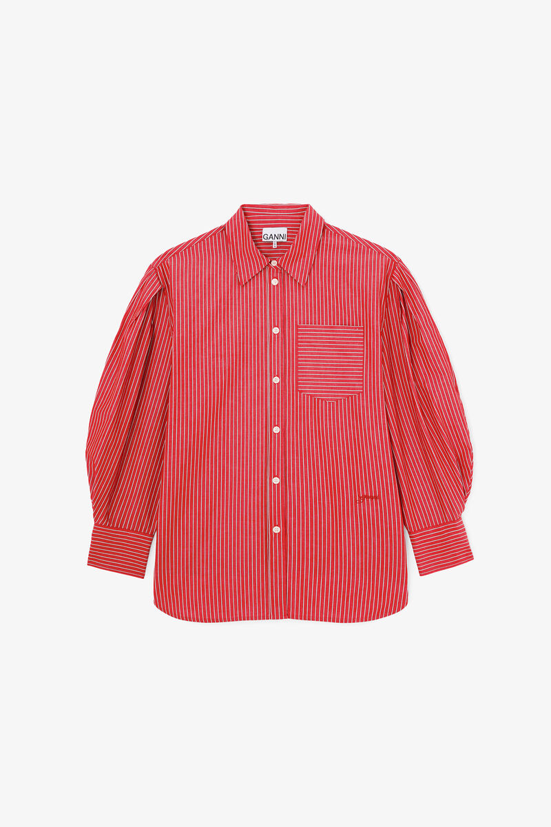 Shirt in Striped Cotton, Organic Cotton, in colour High Risk Red - 1 - GANNI