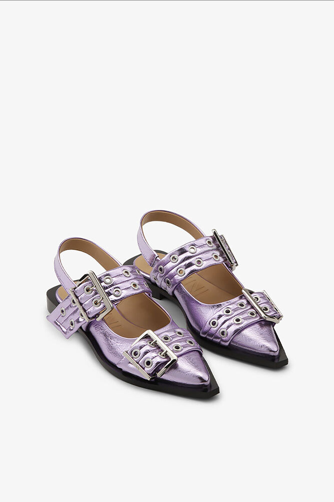Pink Metallic Feminine Buckle Ballerinas, Pink Lavender