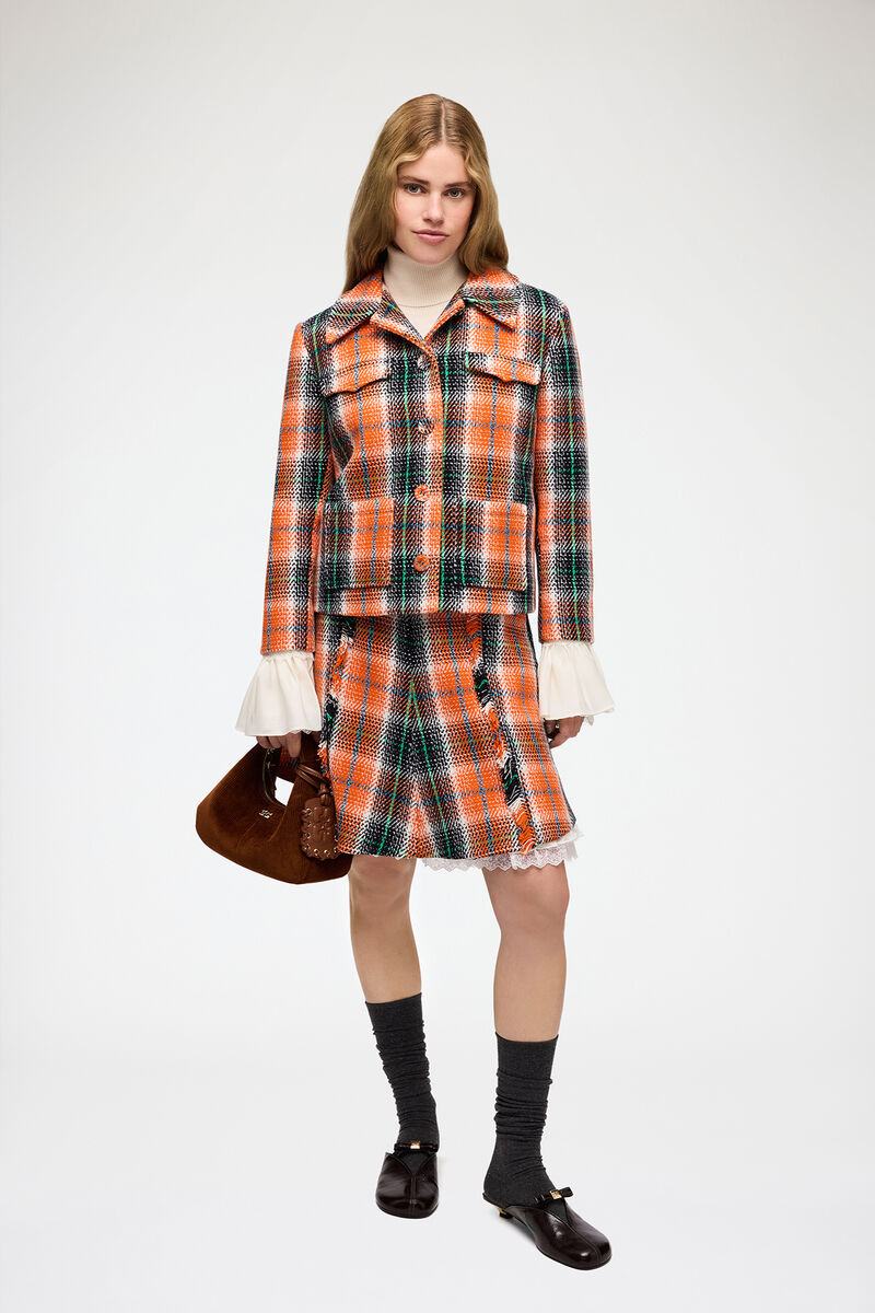 Blazer in Graphic Check, Recycled Wool, in colour Mandarin Orange - 2 - GANNI