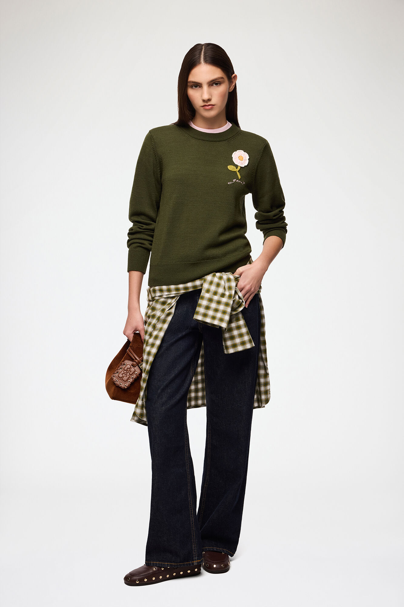 Jumper with Crochet Flower, Wool, in colour Dark Green - 2 - GANNI