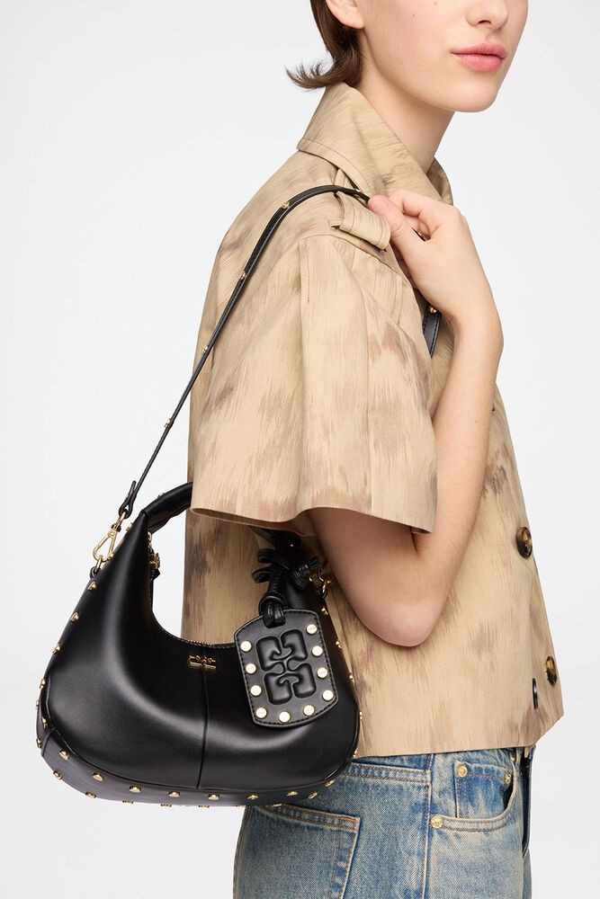 Mini Hobo Bag with Studs in Black, Black
