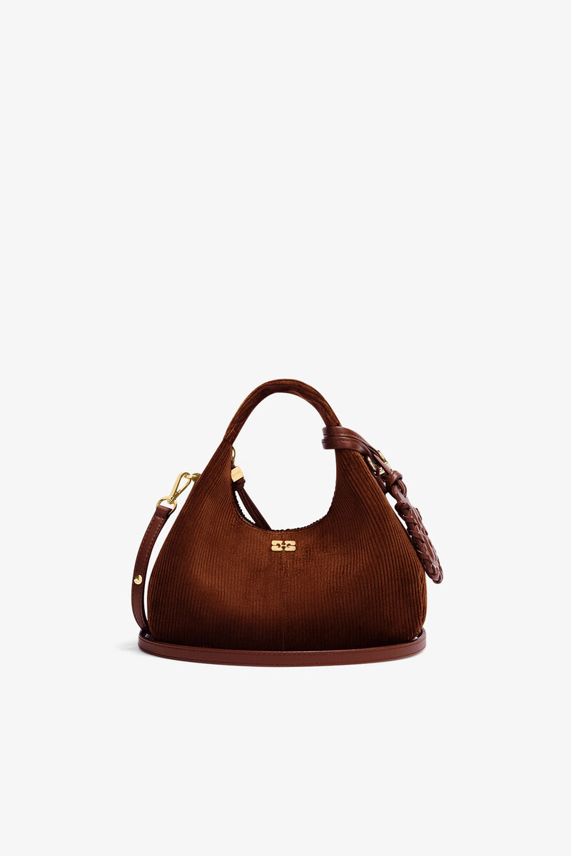 Mini Hobo Bag in Brown Corduroy, Organic Cotton, in colour Tortoise Shell - 1 - GANNI