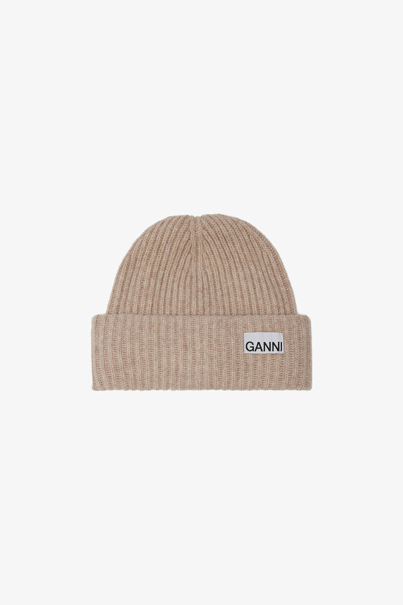 Oversized Beanie in Rib Wool Knit, Wool, in colour Brazilian Sand - 1 - GANNI