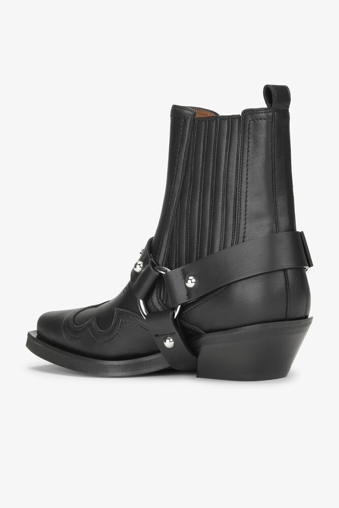 Black Low Cut Western Chelsea Boots, Black