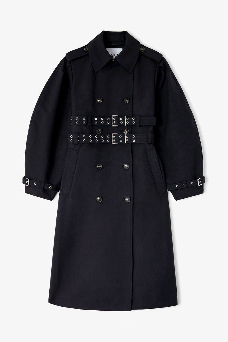 Trench Coat in Double Cotton, Organic Cotton, in colour Black - 1 - GANNI