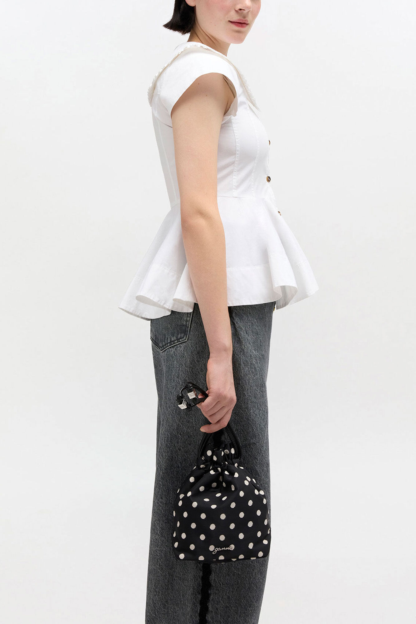 Bou Bucket Pouch in Polka Dot, Recycled Nylon, in colour Black - 1 - GANNI