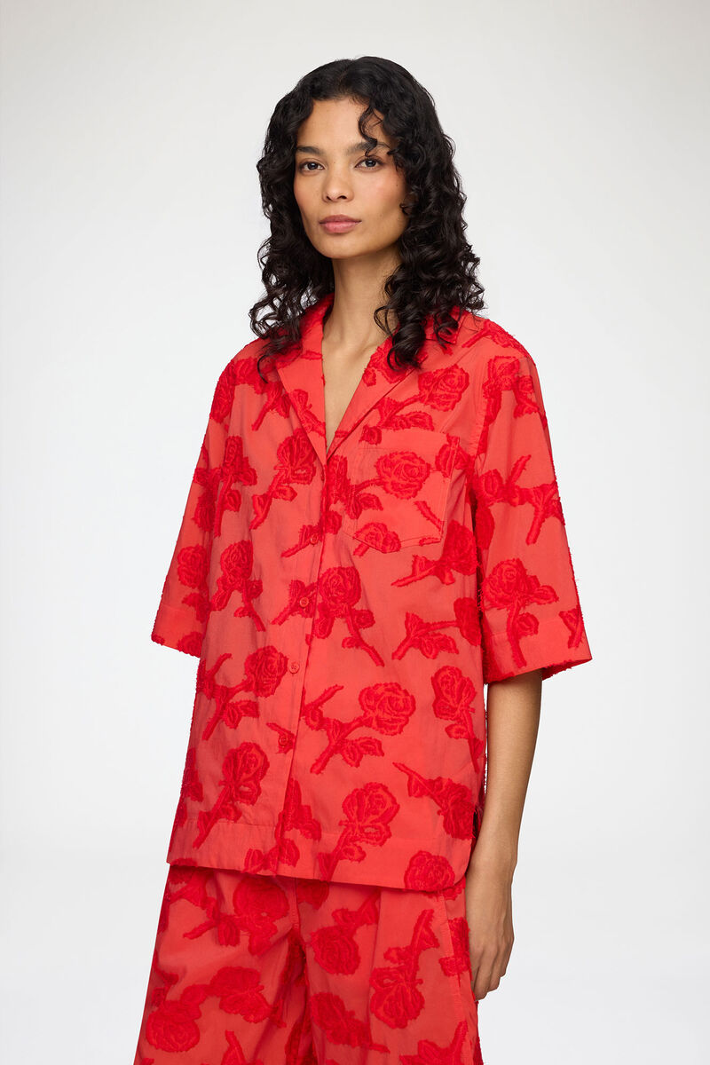 Shirt in Red Fil Coupe, Recycled Cotton, in colour Fiery Red - 1 - GANNI