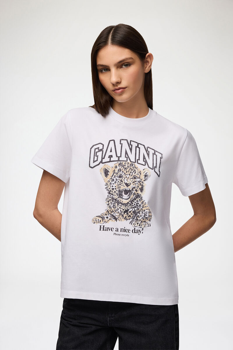 T-shirt basique en jersey blanc avec léopard, Organic Cotton, in colour Leopard - 1 - GANNI